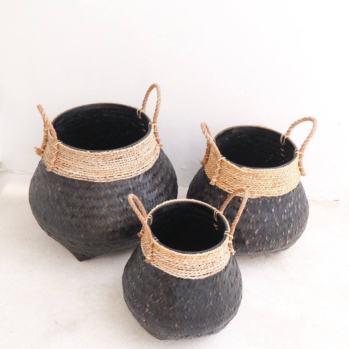 Black Plant Basket Decorative Basket Large Laundry Basket BENOA (black) Hand - woven Basket made of Bamboo and Seagrass (3 sizes) - CozyVibe.eu
